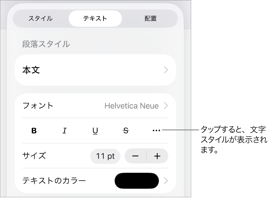 上部に段落スタイルがある「フォーマット」コントロールと、そのあとに「フォント」コントロール。「フォント」の下には、「ボールド」、「イタリック」、「アンダーライン」、「取り消し線」、および「その他のテキストオプション」のボタンがあります。