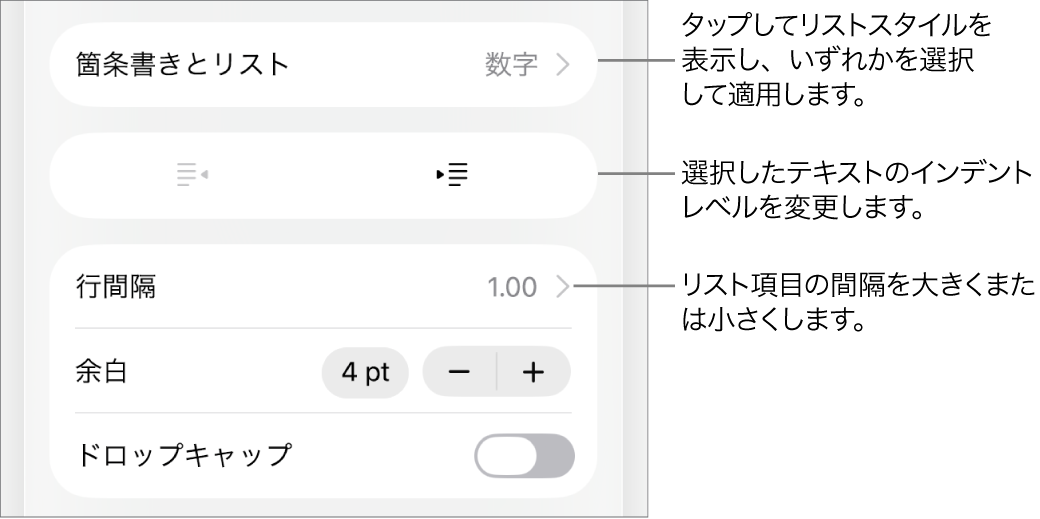 「箇条書きとリスト」のコールアウトが表示された「フォーマット」コントロールの「箇条書きとリスト」セクション。インデント解除ボタン、インデントボタン、行間隔コントロールが表示された状態。