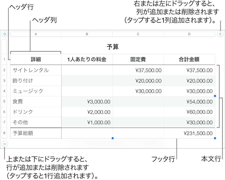 ヘッダ、本文、およびフッタ行と列、および行や列を追加または削除するためのハンドルが表示されている表。