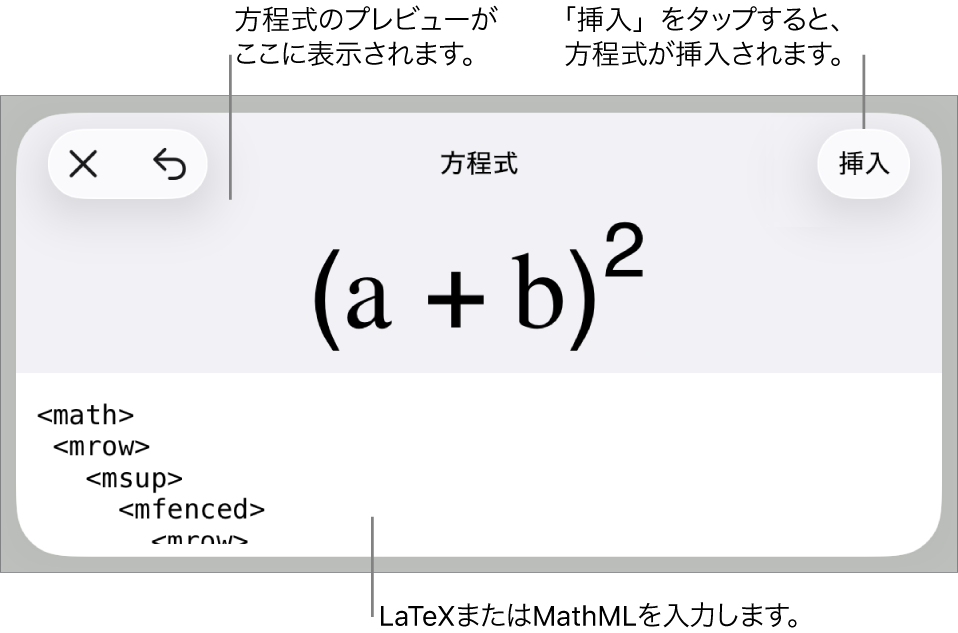「方程式」ダイアログ。MathMLコマンドを使用して書き込まれた方程式が表示され、その上に公式のプレビューが表示されています。