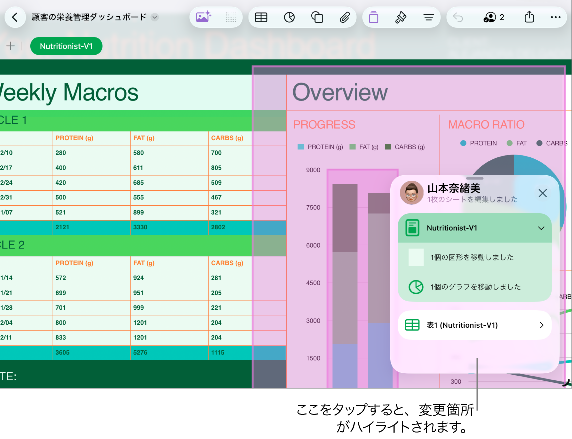 共同作業スプレッドシート。アクティビティリストが開いています。