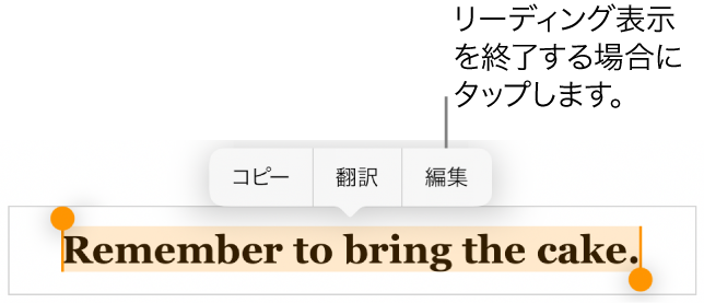 文章が選択され、その上のコンテクストメニューに「コピー」ボタンと「編集」ボタンが表示された状態。