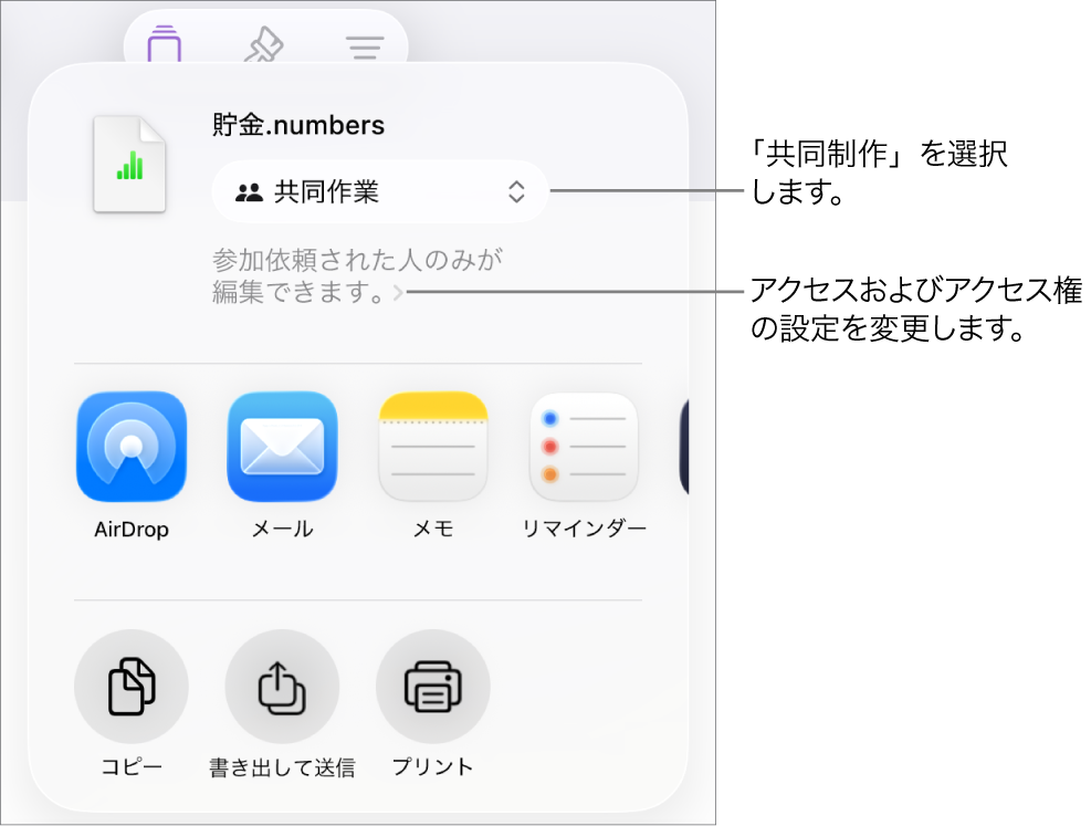 「共有」メニュー。上部の「共同作業」が選択されていて、下に参加対象とアクセス権の設定があります。