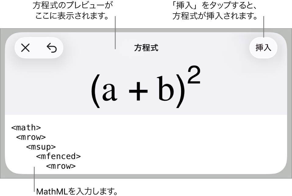 「方程式」ダイアログ。MathMLコマンドを使用して書き込まれた方程式が表示され、その上に公式のプレビューが表示されています。
