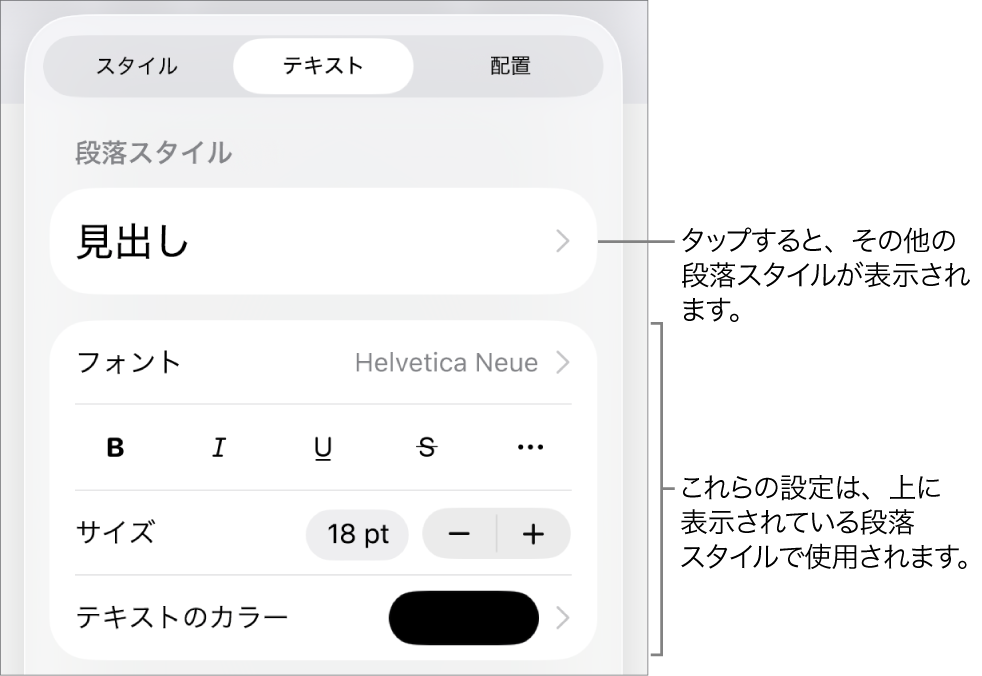 「フォーマット」メニュー。段落と文字のスタイル、フォント、サイズ、色を設定するためのテキストコントロールが表示されています。