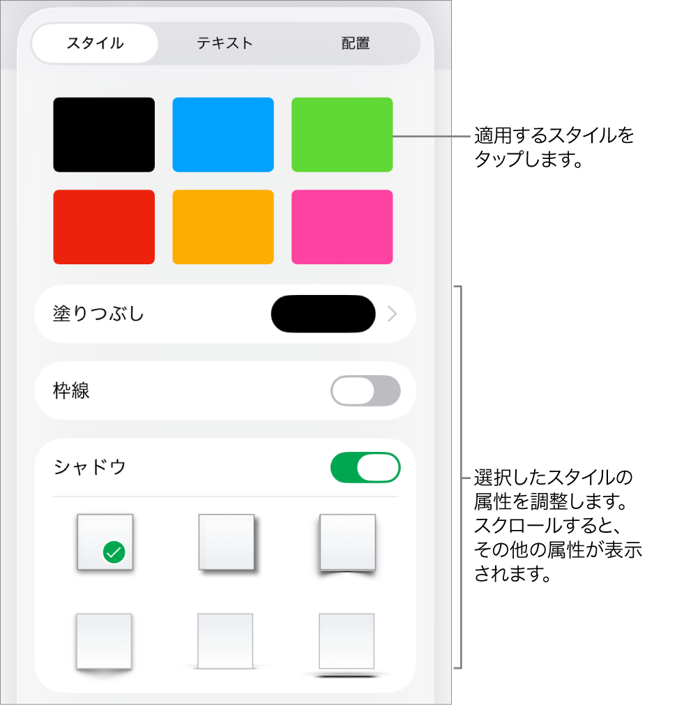 「フォーマット」メニューの「スタイル」タブ。上部に図形のスタイル、その下に塗りつぶし、枠線、シャドウを変更するコントロールが表示された状態。
