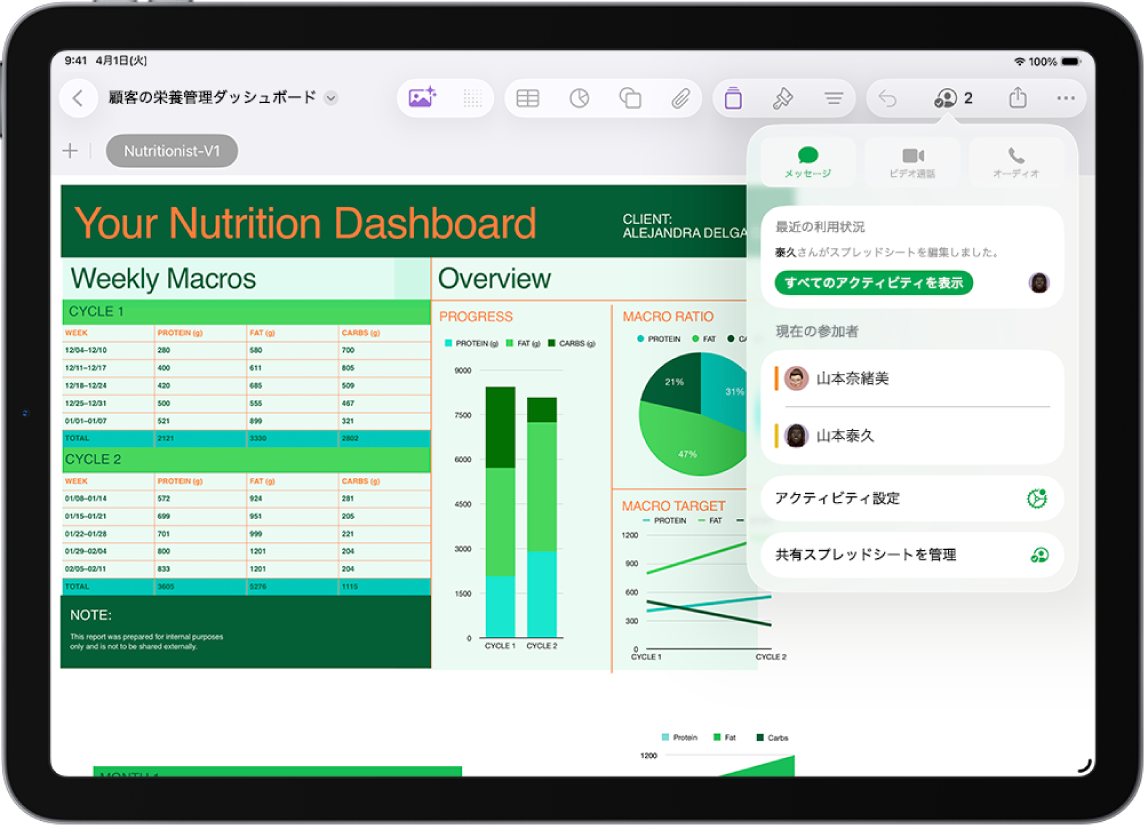 スプレッドシートを共同作業している人々の名前を示す共同作業メニュー。