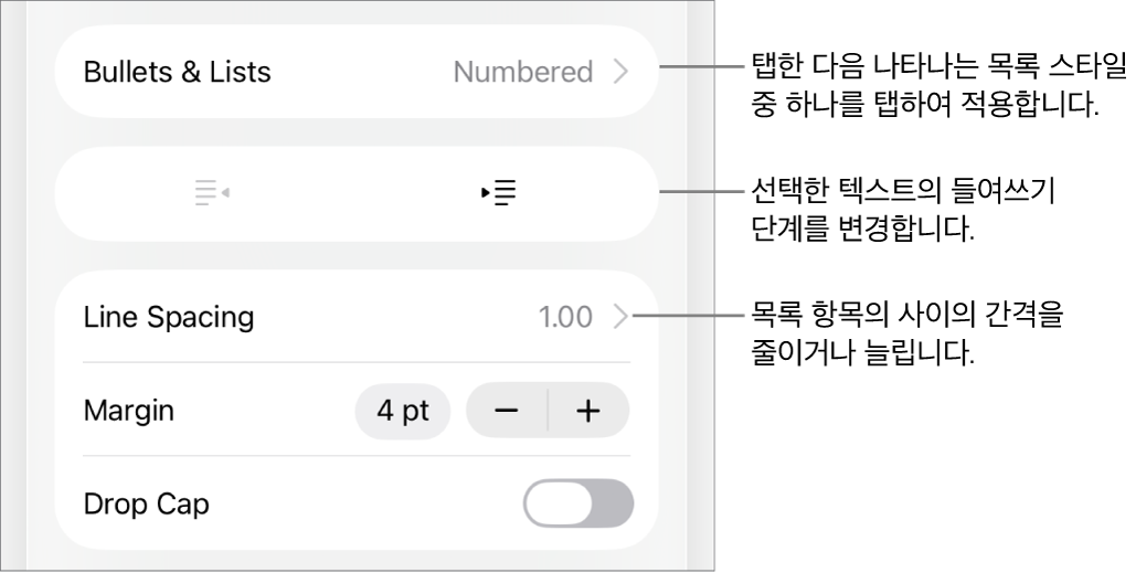 구분점 및 목록, 내어쓰기 및 들여쓰기 버튼, 줄 간격 제어기에 대한 설명이 있는 포맷 제어기의 구분점 및 목록 섹션.