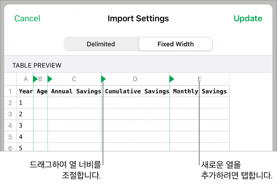 고정폭 텍스트 파일의 가져오기 설정.