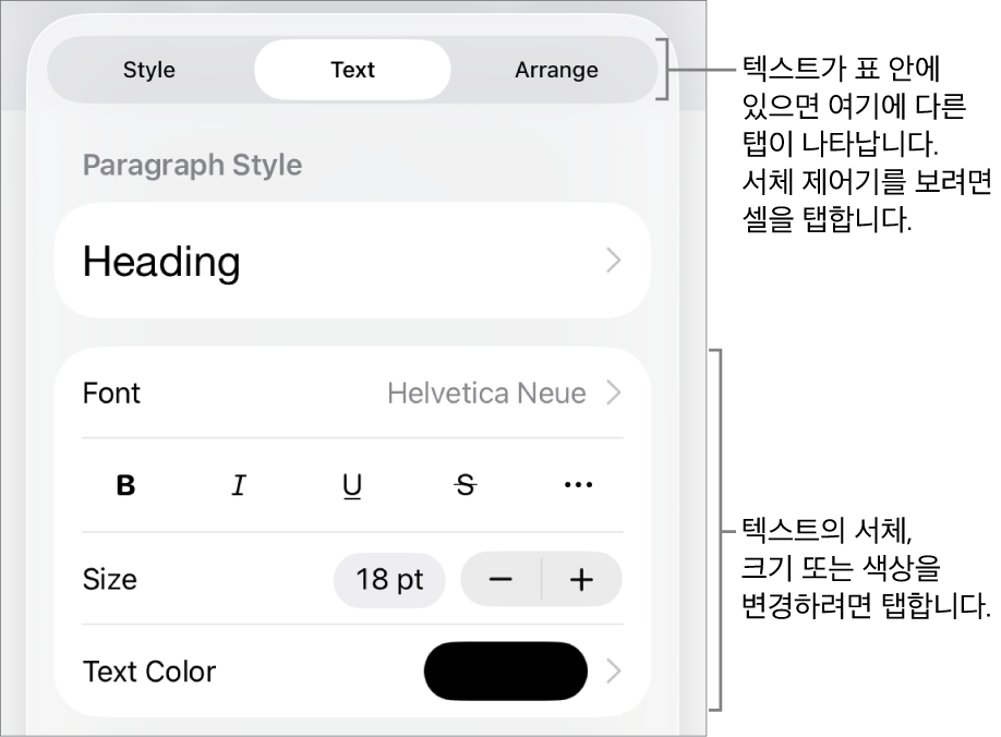 포맷 메뉴에 있는 단락, 문자 스타일, 서체, 크기 및 색상을 설정할 수 있는 텍스트 제어기.