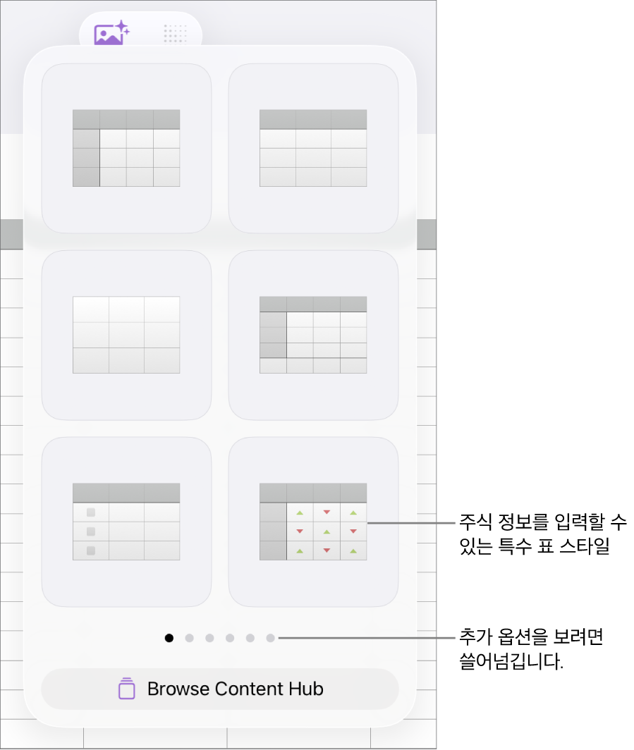 오른쪽 하단에 주식 정보 입력용 특수 스타일을 포함한 표 스타일의 썸네일을 표시하는 표 팝오버. 쓸어넘겨 스타일을 추가로 볼 수 있음을 표시하는 여섯 개의 점.