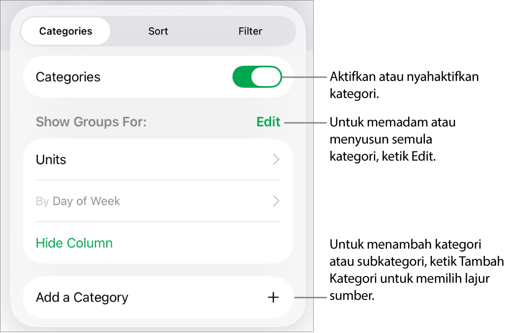 Menu Kategori untuk iPad dengan pilihan untuk menyahaktifkan kategori, memadam kategori, mengumpul semula data, menyembunyikan lajur sumber dan menambah kategori.