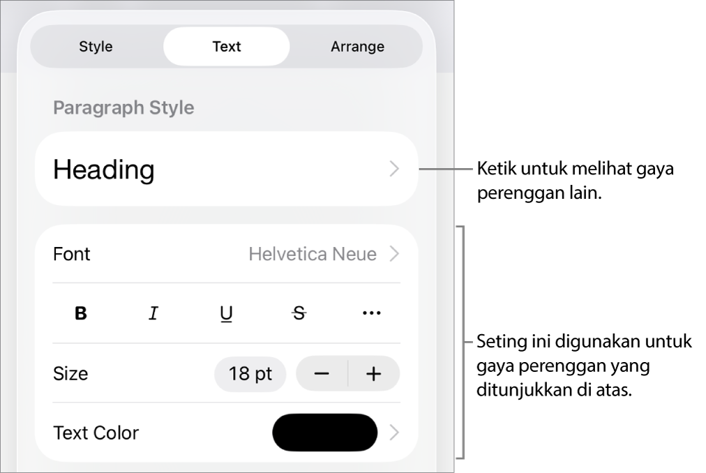 Menu Format menunjukkan kawalan teks untuk mengesetkan perenggan dan gaya, fon, saiz dan warna aksara.