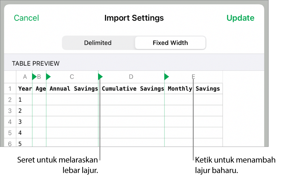 Seting import untuk fail teks lebar tetap.