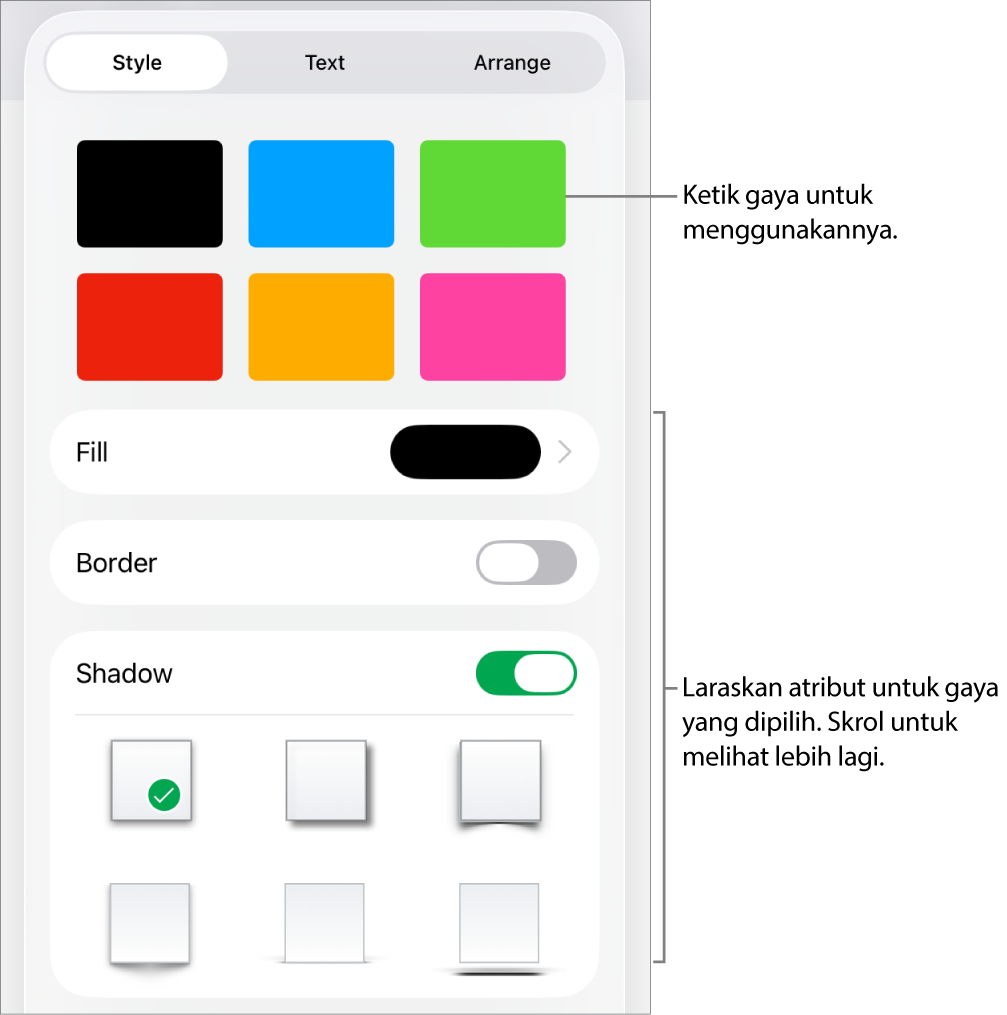 Tab Gaya dalam menu Format dengan gaya bentuk di bahagian atas dan kawalan di bawahnya untuk menukar isi, jidar dan bayang.