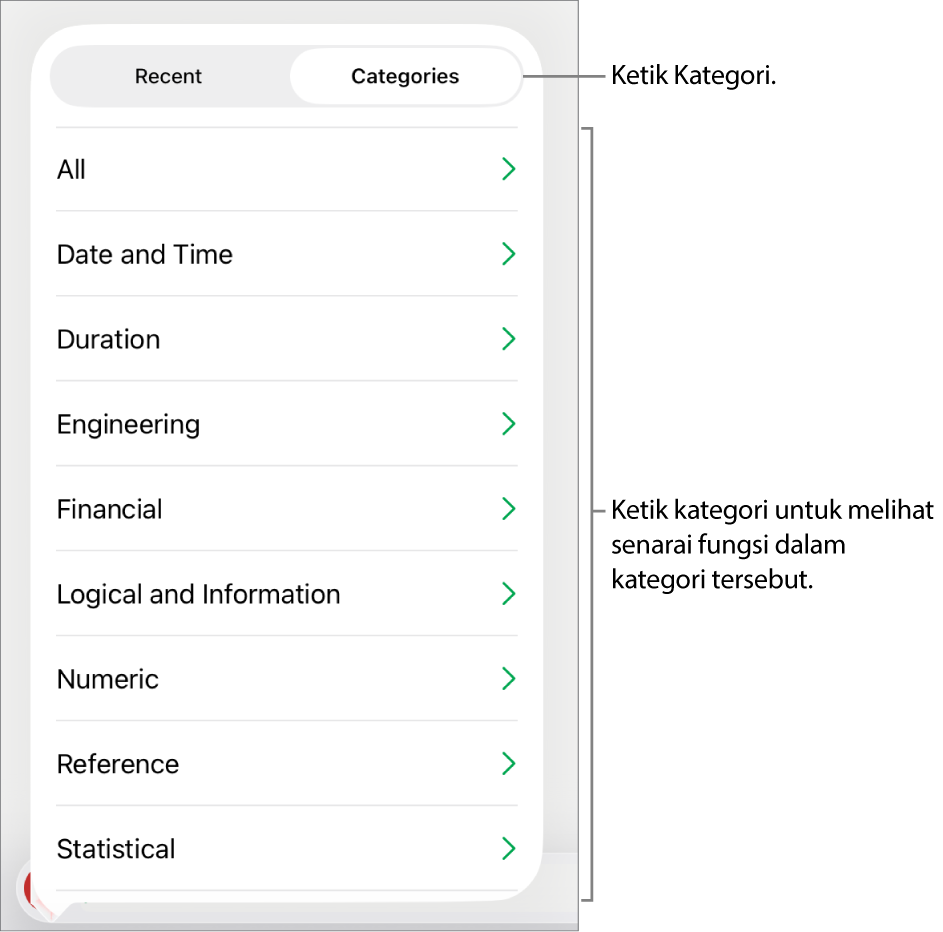 Pelayar Fungsi dengan butang Kategori dipilih dan senarai kategori di bawah.