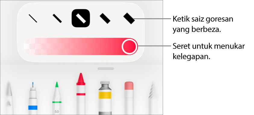 Kawalan untuk memilih saiz goresan dan gelangsar untuk melaraskan kelegapan.