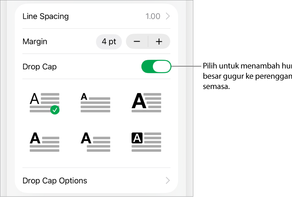 Kawalan Huruf Besar Gugur berada dalam menu Teks.