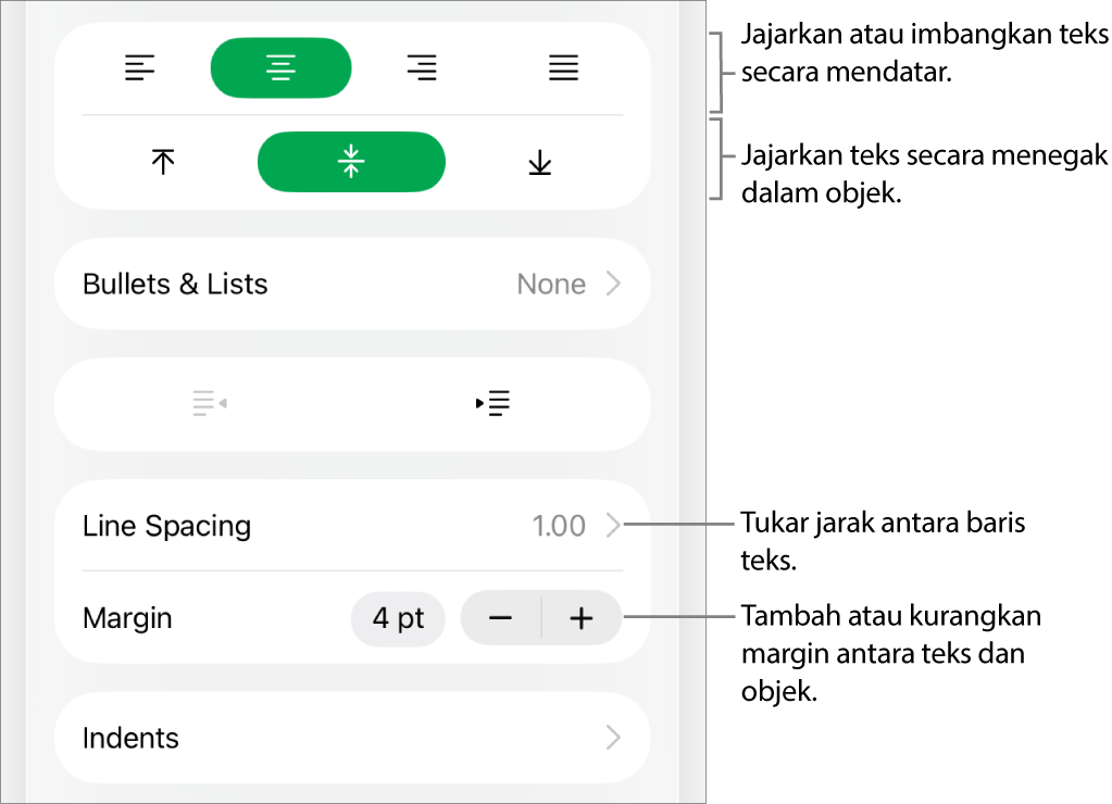 Bahagian Tataletak pada Pemeriksa Format dengan petak bual ke butang penjajaran dan jarak teks.