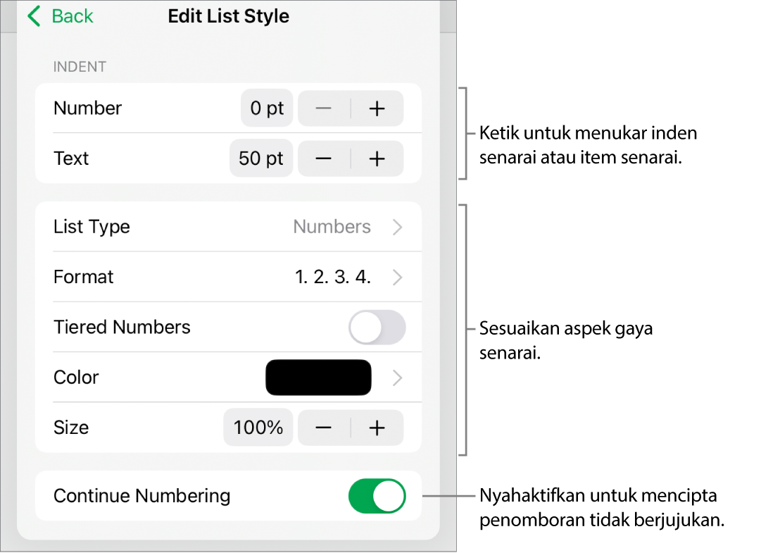Menu Edit Gaya Senarai dengan kawalan untuk jarak inden, jenis dan format senarai, nombor berperingkat, warna dan saiz senarai serta nombor berterusan.