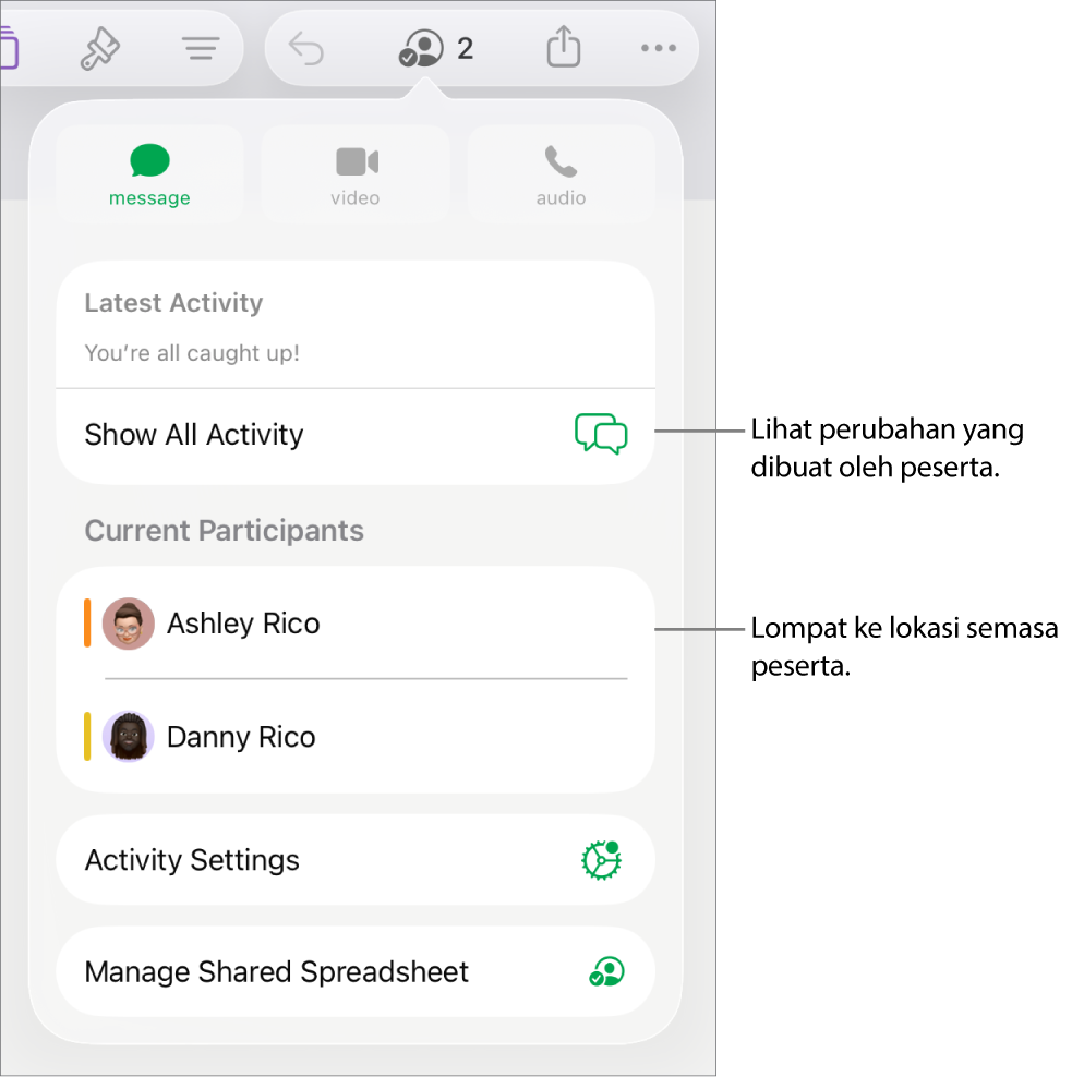 Menu kerjasama dengan peserta semasa disenaraikan.