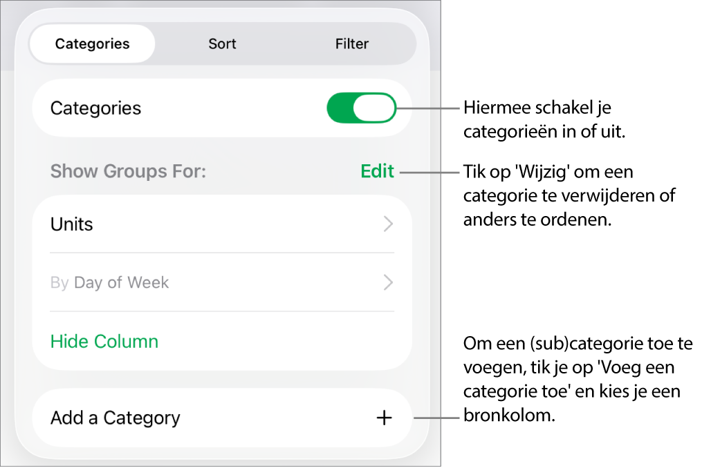 Het menu 'Categorieën' op de iPad met de volgende opties: categorieën uitschakelen, categorieën verwijderen, gegevens anders groeperen, een bronkolom verbergen en categorieën toevoegen.