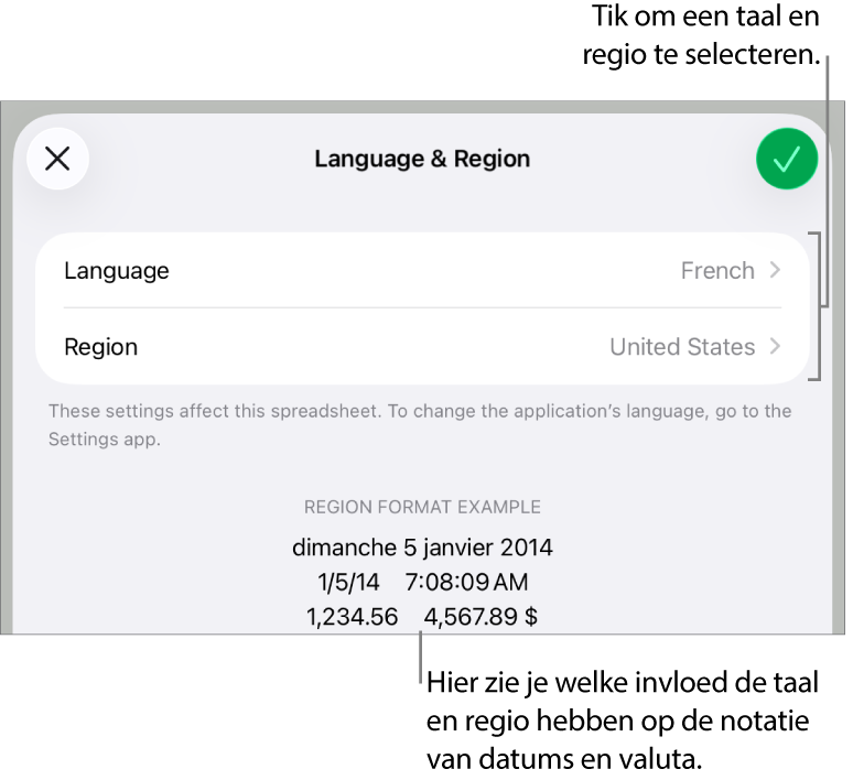 Paneel met regelaars voor de taal en regio en een voorbeeld van de notatie van datum, tijd, decimaalteken en valuta.