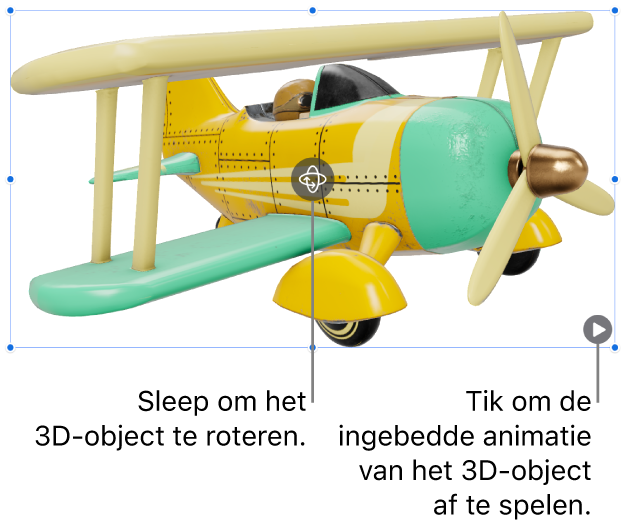 Een 3D-object met de roteerknop in het midden van het object en de afspeelknop in de rechterbenedenhoek.
