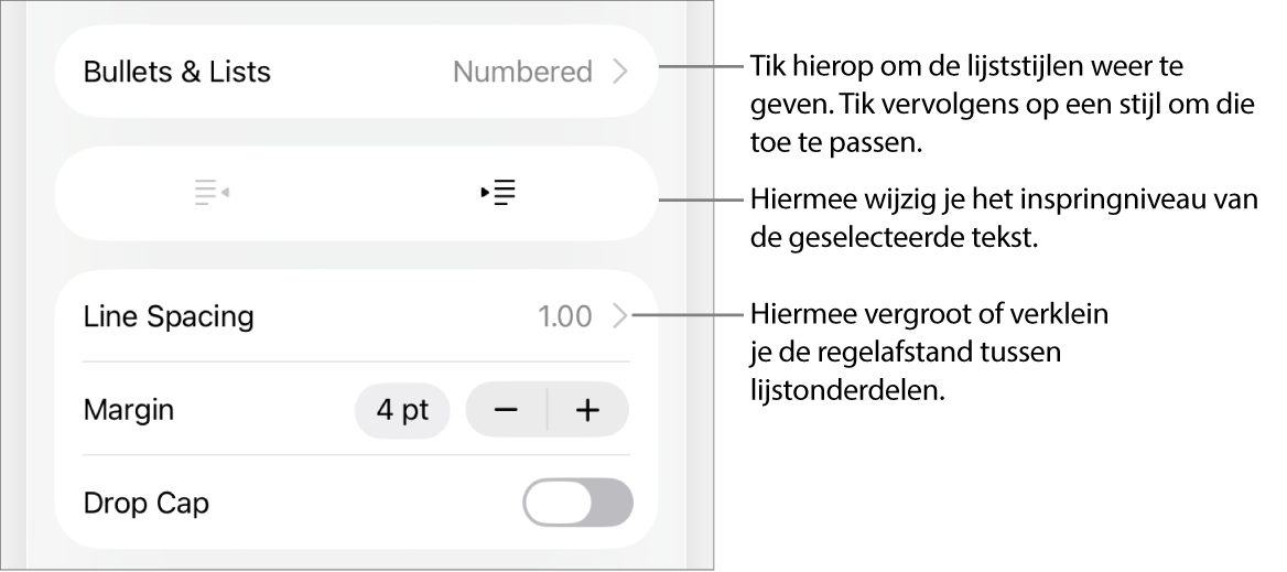 Het gedeelte 'Ops.tek./lijsten' van de opmaakregelaars met uitleg bij 'Ops.tek./lijsten', de inspringknoppen en de regelaars voor de regelafstand.