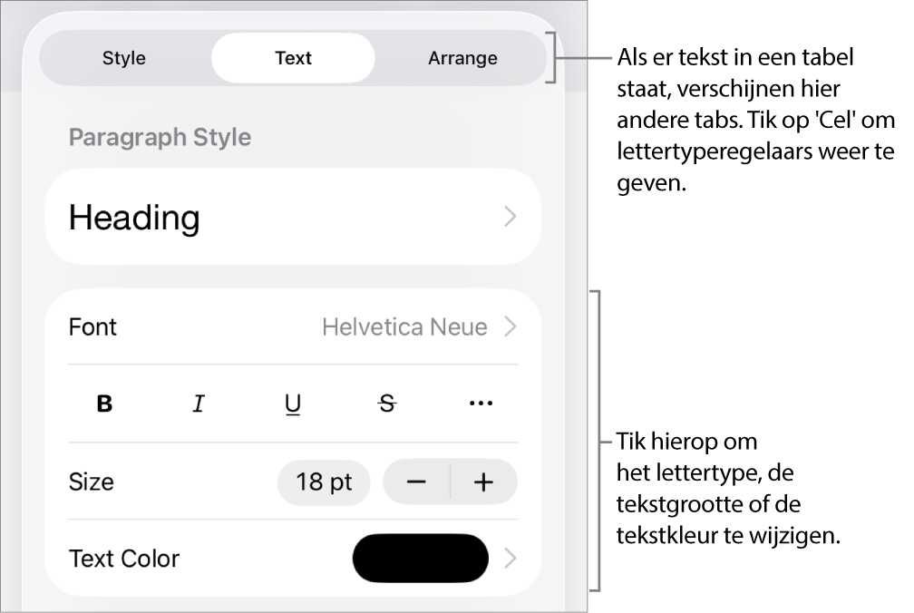 Tekstregelaars in het opmaakmenu voor het instellen van alinea- en tekenstijl, lettertype, lettergrootte en kleur.