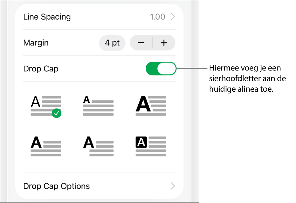 De regelaars voor sierhoofdletters in het menu 'Tekst'.