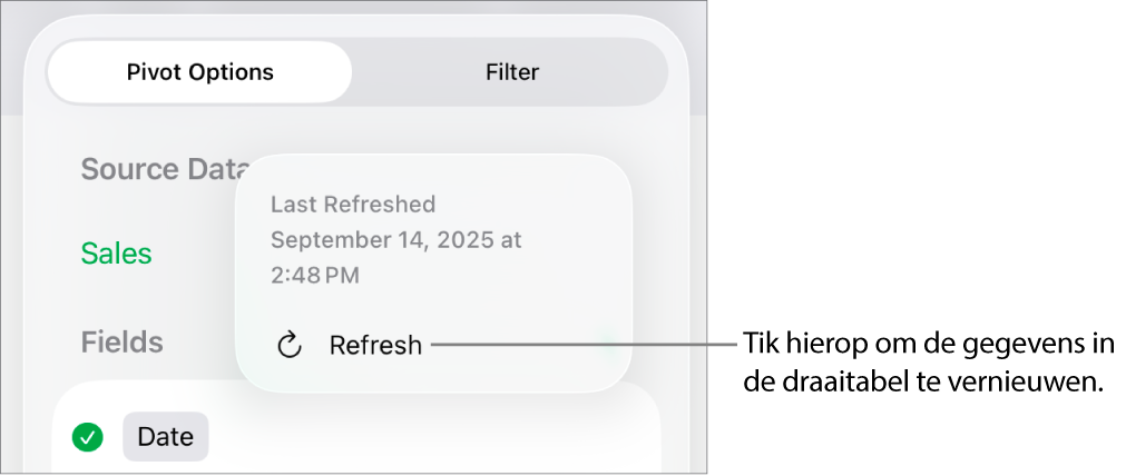 Het menu 'Draaitabelopties' met de optie om de draaitabel te vernieuwen.