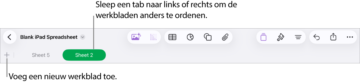 De tabbladbalk voor het toevoegen van een nieuw werkblad, navigeren en het opnieuw ordenen van werkbladen.