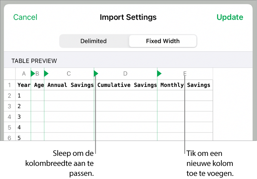 De importinstellingen voor een tekstbestand met vaste breedte.