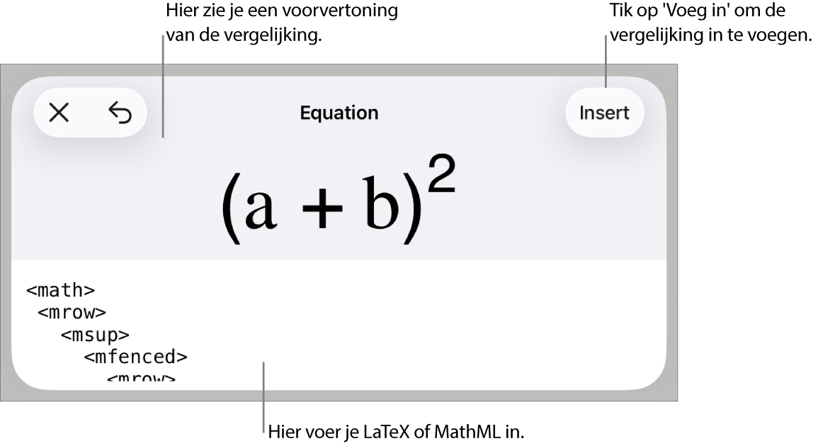 Het venster 'Vergelijking' met daarin een vergelijking die geschreven is met MathML-commando's en erboven een voorvertoning van de formule.