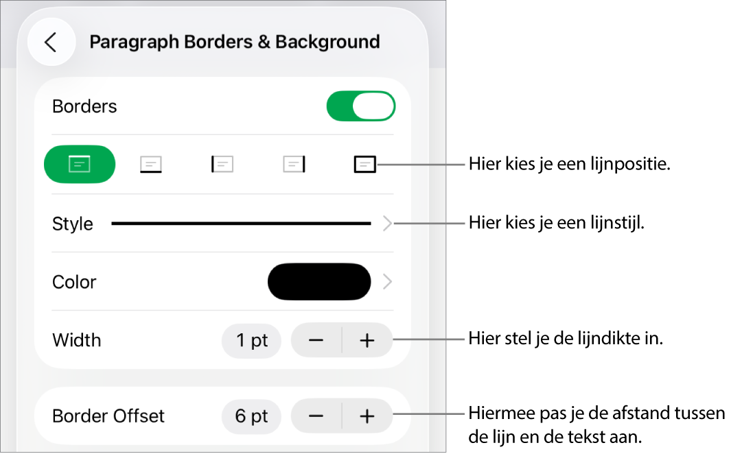 Regelaars voor het wijzigen van de stijl, dikte, positie en kleur van de lijn.