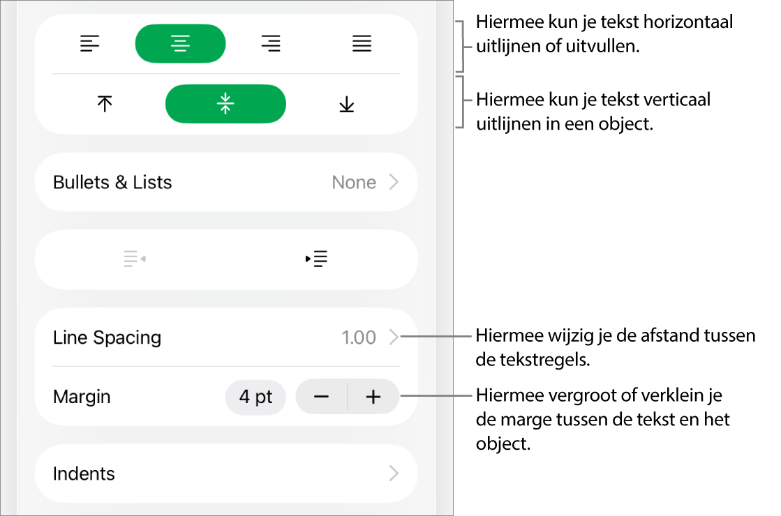 Het gedeelte 'Lay-out' van het infovenster 'Opmaak' met uitleg bij tekstuitlijn- en afstandsknoppen.