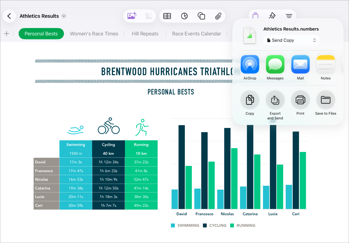 Het Numbers-venster met het Deel-menu met opties voor het versturen van een kopie van de spreadsheet, het exporteren en versturen in een andere structuur of het afdrukken of bewaren van de spreadsheet in de Bestanden-app.