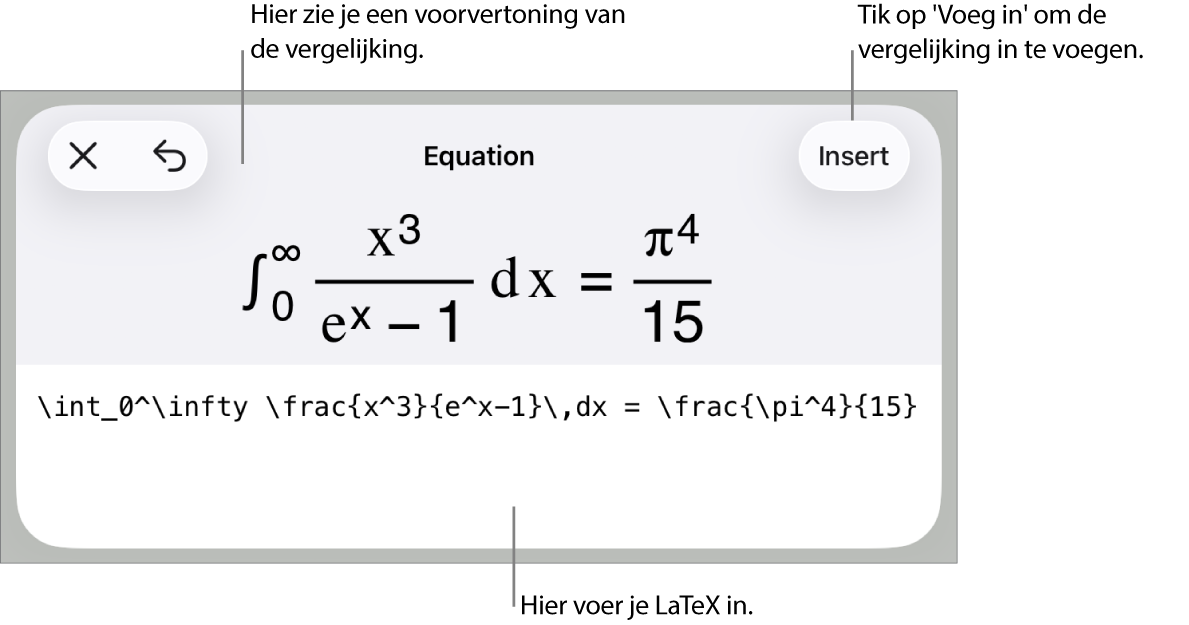 Het venster 'Vergelijking' met daarin een vergelijking die geschreven is met LaTeX-commando's en erboven een voorvertoning van de formule.