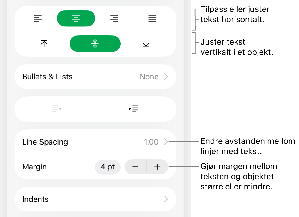 Layout-delen i formatinspektøren, med bildeforklaringer for tekstjusterings- og avstandsknappene.