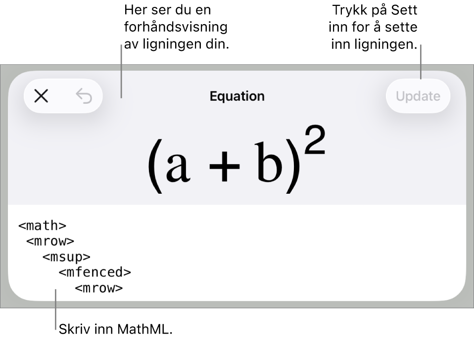 Ligning-dialogruten, som viser en formel skrevet med MathML-kommandoer, og en forhåndsvisning av formelen ovenfor.
