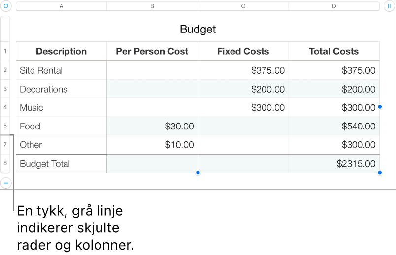 En tykk grå linje viser hvor rader og kolonner er skjult.