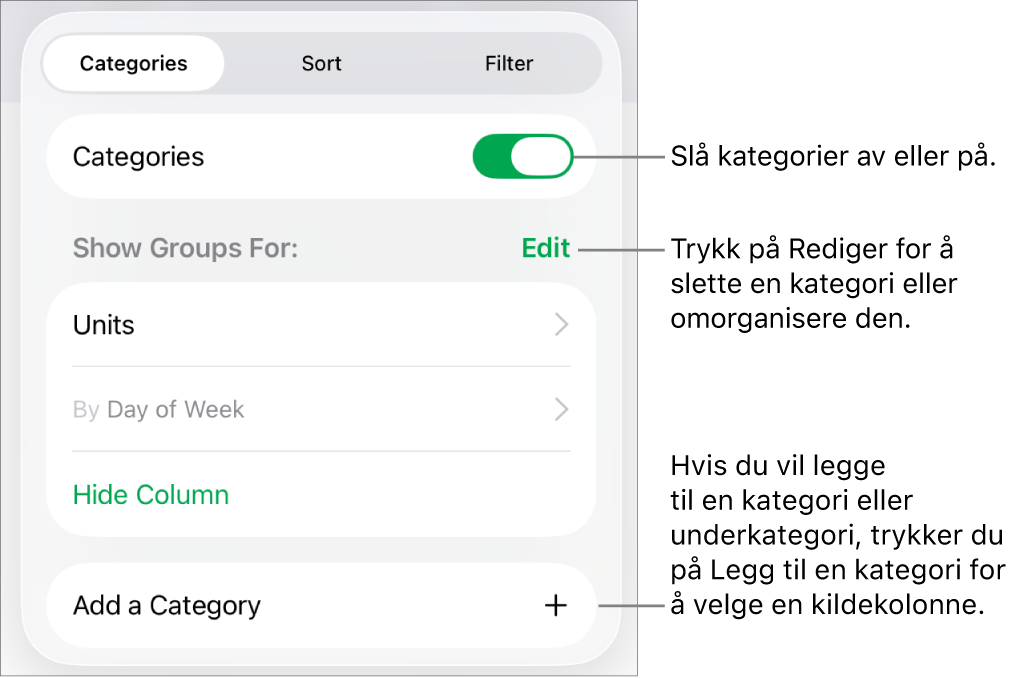 Kategorier-menyen for iPad med alternativer for å slå av kategorier, slette kategorier, omgruppere data, skjule en kildekolonne og legge til kategorier.