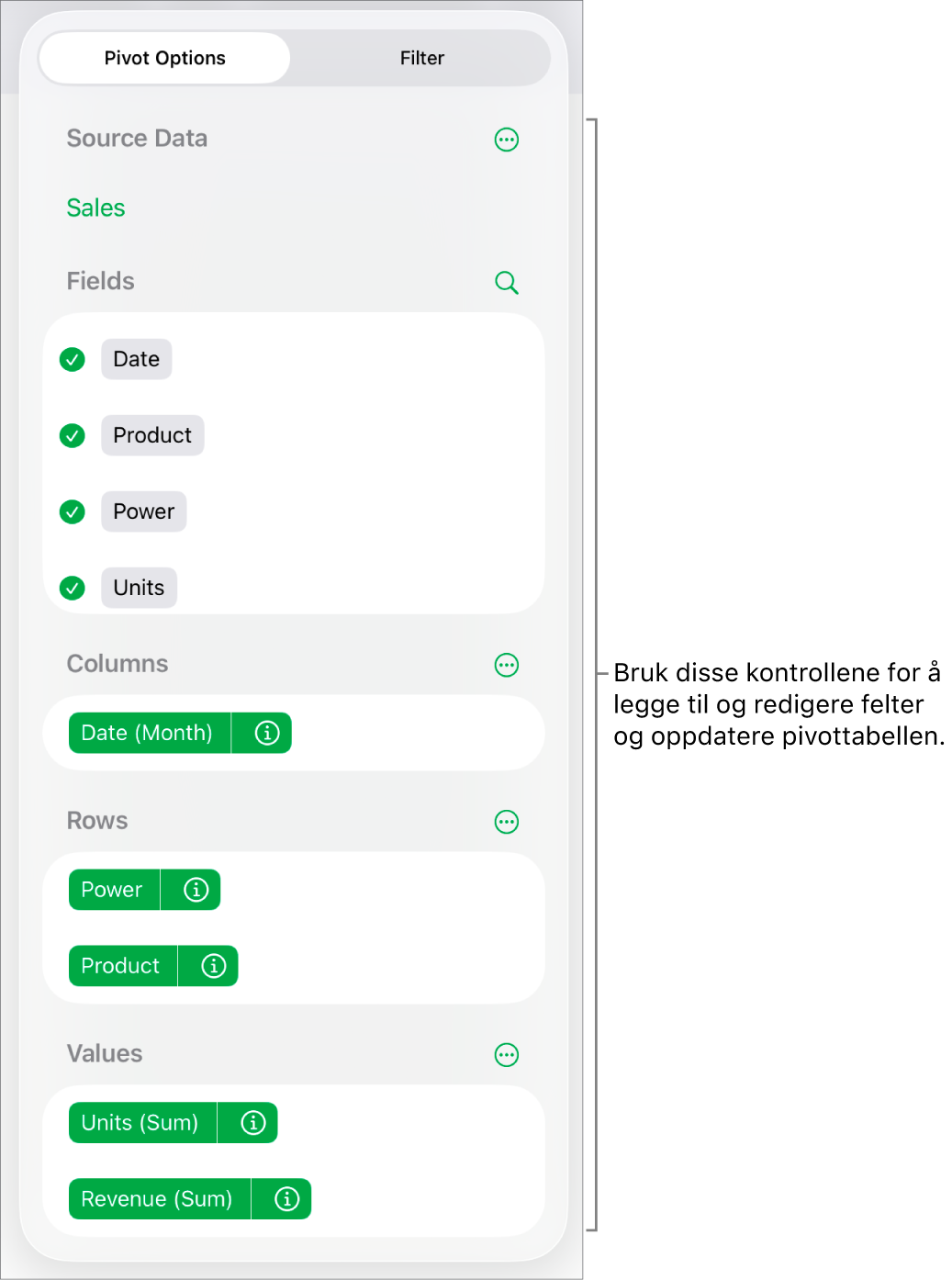 Menyen Pivotvalg med felt i inndelingene Kolonner, Rader og Verdier, samt kontroller for å redigere feltene.