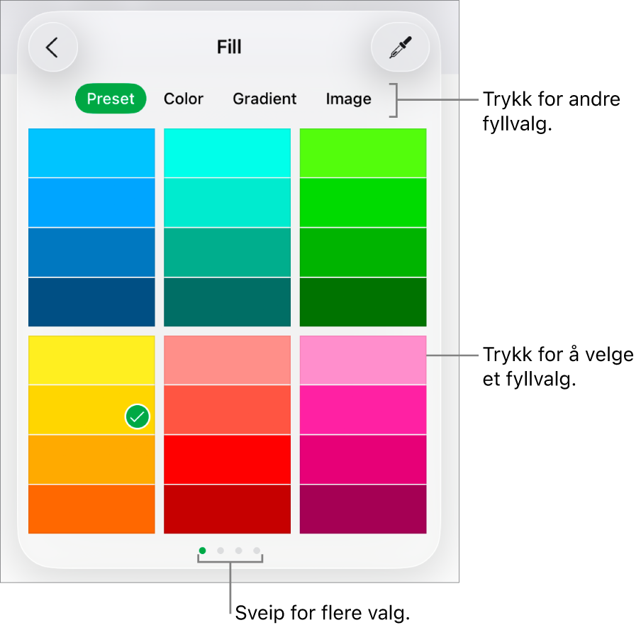Fyllalternativer i Stil-fanen for Format-knappen.