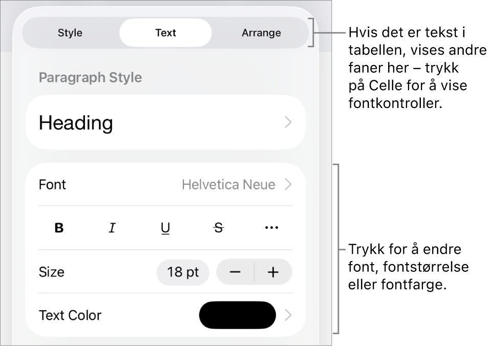 Tekstkontroller i Format-menyen for å angi avsnitts- og tegnstiler, font, størrelse og farge.