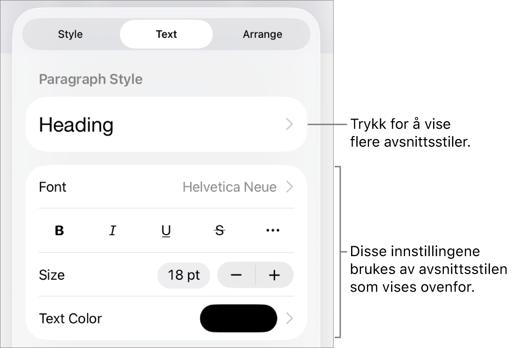 Format-menyen som viser tekstkontroller for å angi avsnitts- og tegnstiler, font, størrelse og farge.