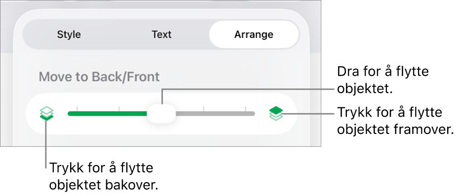 Flytt bakover-knappen, Flytt framover-knappen og skyveknappen for lagdeling.