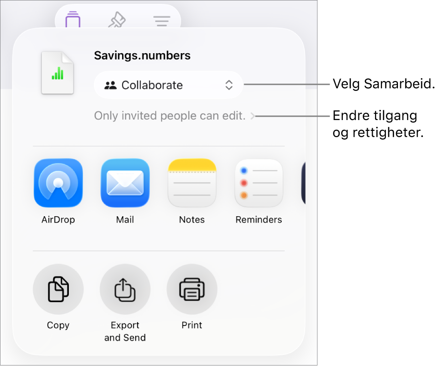 Del-menyen med Samarbeid markert øverst, og tilgangs- og tillatelsesinnstillingene under.