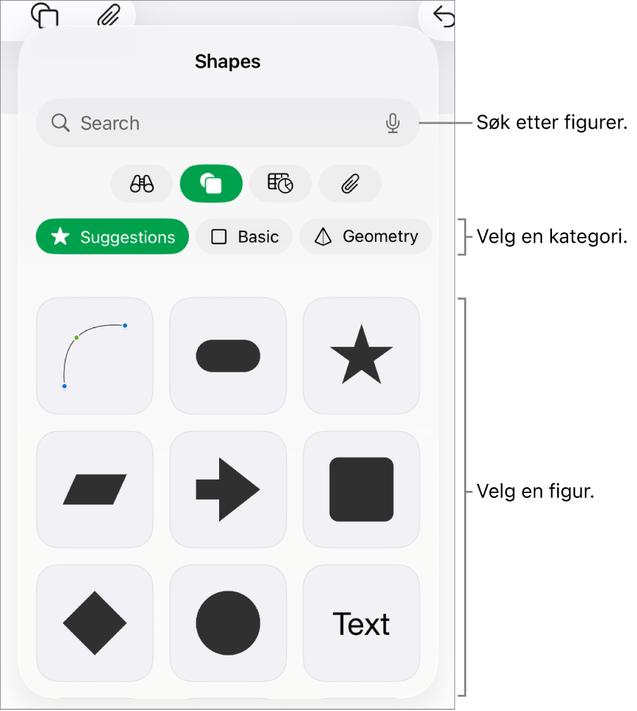 Figurbiblioteket, som viser kategorier øverst og figurer nedenfor. Du kan bruke søkefeltet øverst til å finne figurer, og du kan sveipe for å se mer.